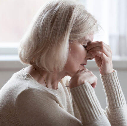 Fatigued Upset Older Woman Massaging Nose Bridge Feeling Eye Str