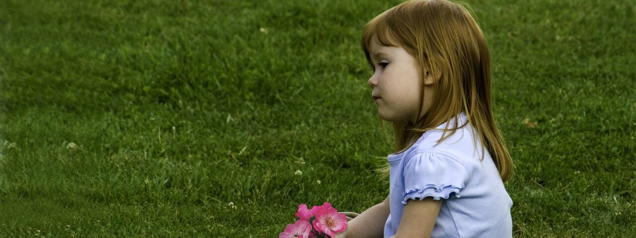 Red-headed little girl, sitting in green field