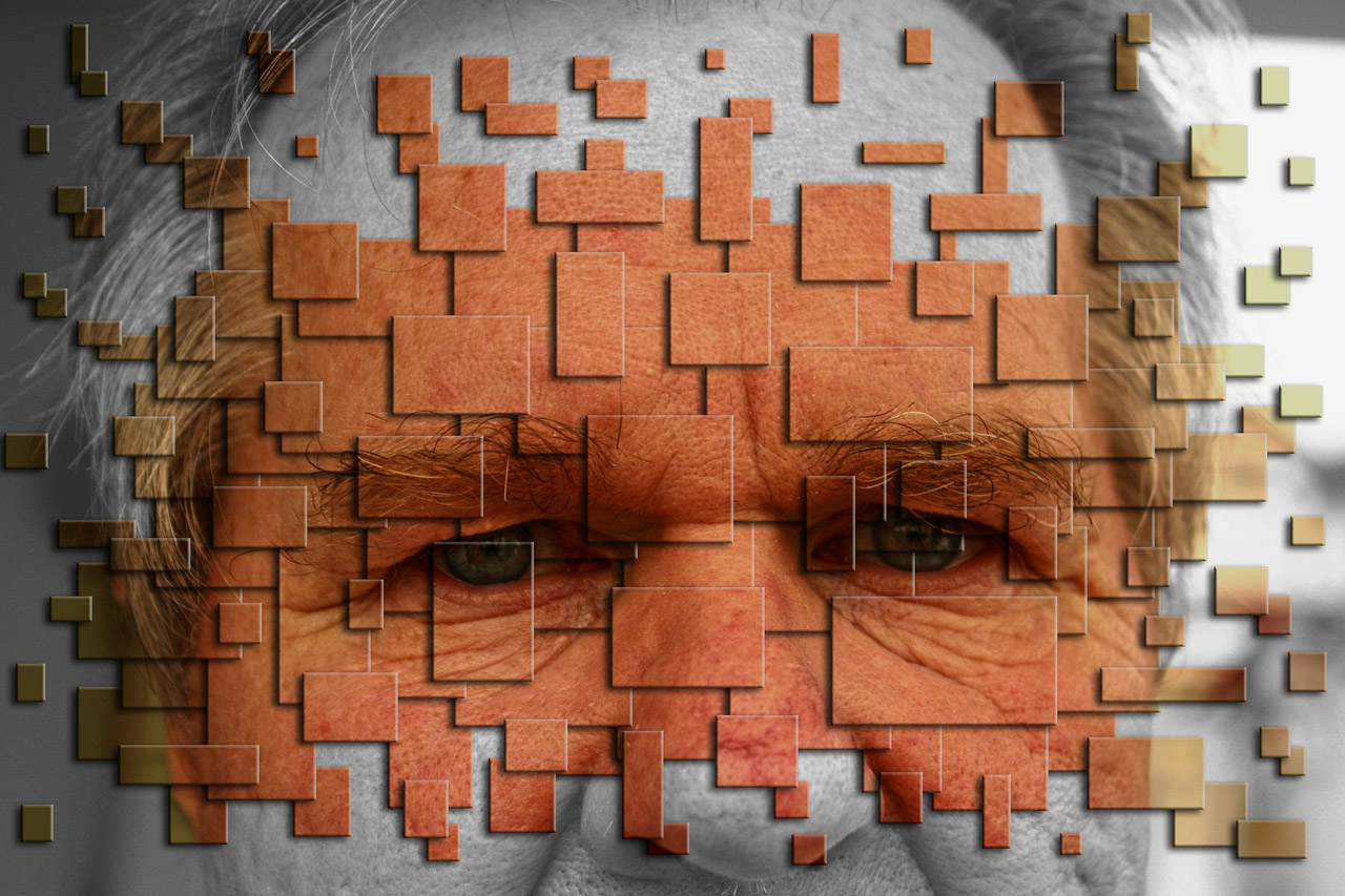 Mosaic of elderly man's face and eyes