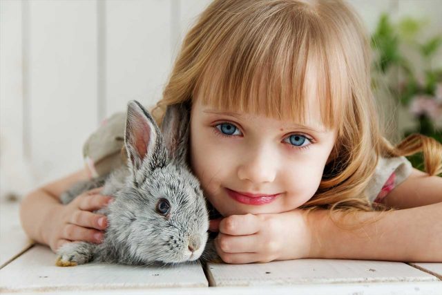 Blue-eyed girl, with rabbit