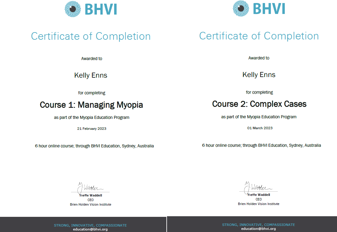 Brien Holden Vision Institute Myopia Management Certification course