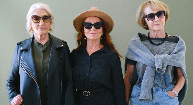 Three elderly women wearing sunglasses
