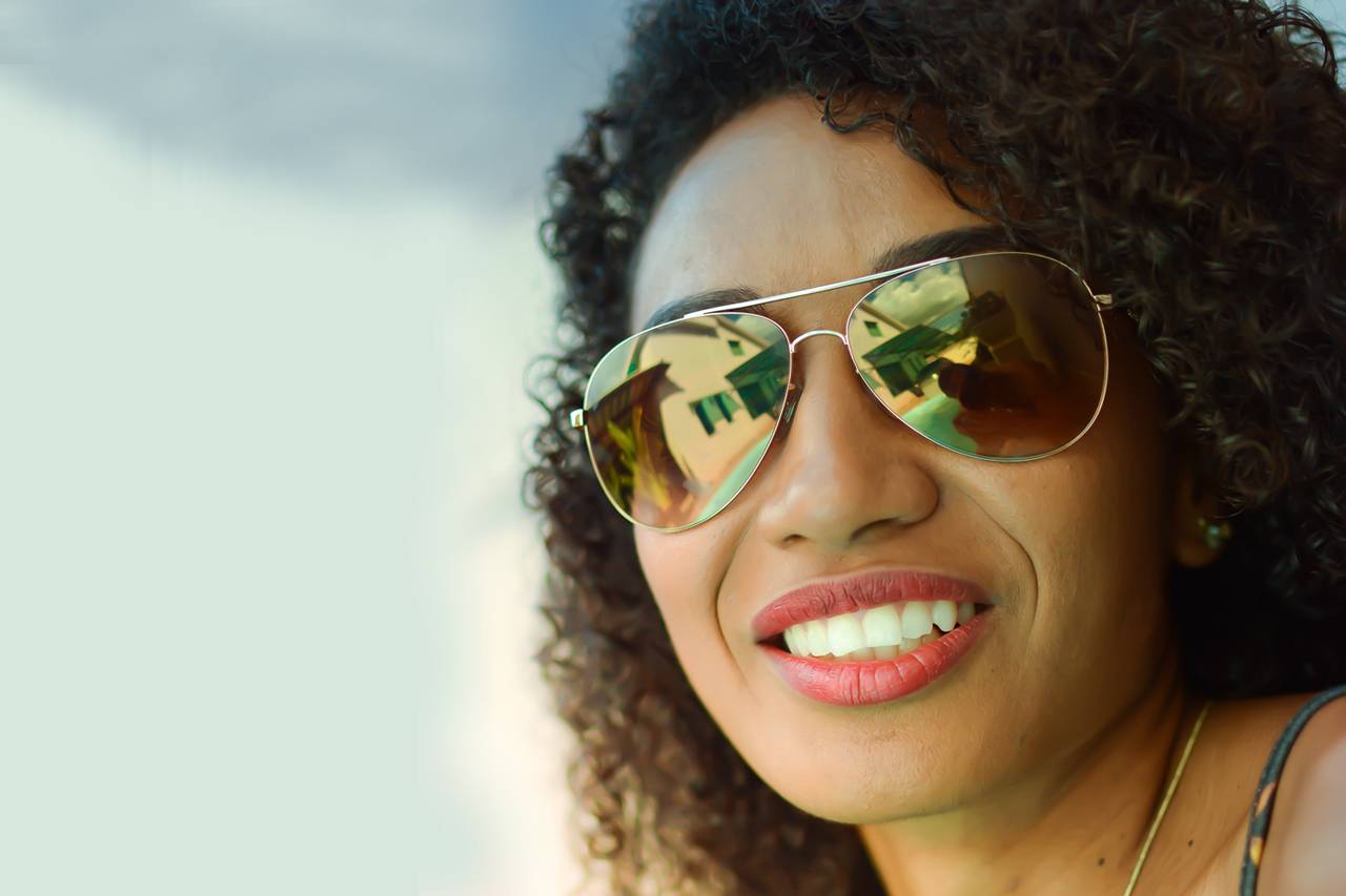 Woman Smiling Sunglasses Sky 1280x853