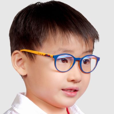 little asian boy wearing yellow blue disney eyeglasses