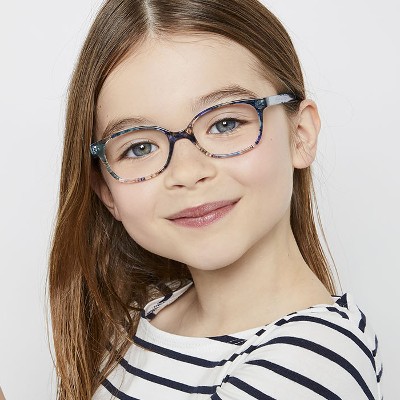little girl wearing disney eyeglasses