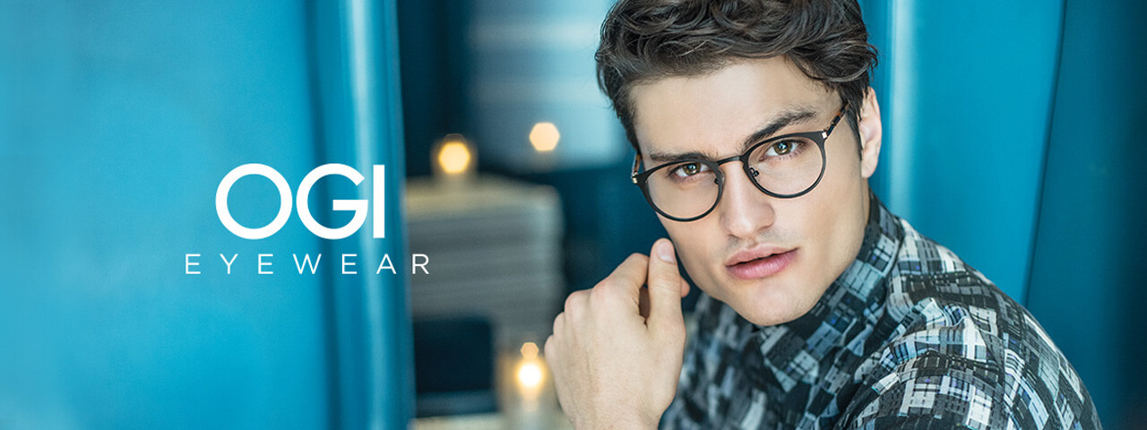 Model wearing OGI Eyeglass Frames