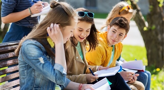 teens studying park bench