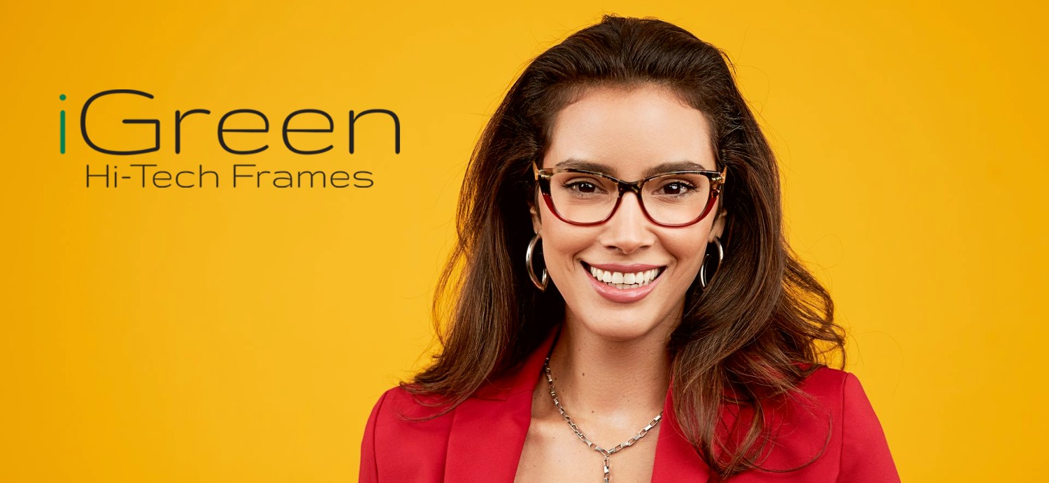 happy woman wearing igreen eyeglasses