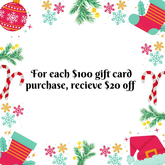 For each $100 gift card purchase, recieve $20 off