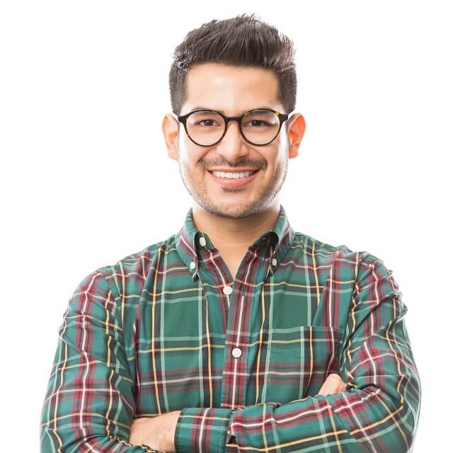 happy hispanic man plaid shirt eyeglasses
