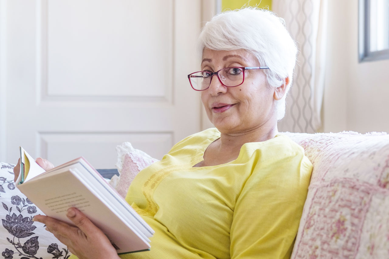 granny glasses book sofa