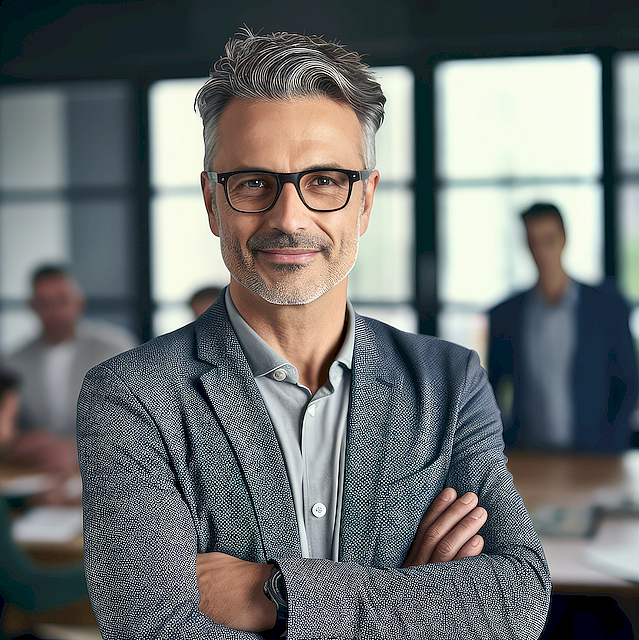 grey haired business man wearing black glasses