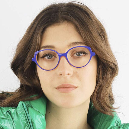 young woman wearing blue lafont eyeglasses