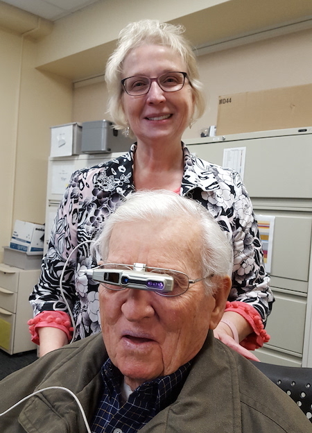 Image of Dr. Patti Fuhr with veteran Patient wearing Ocutech Falcon Autofocus Bioptic