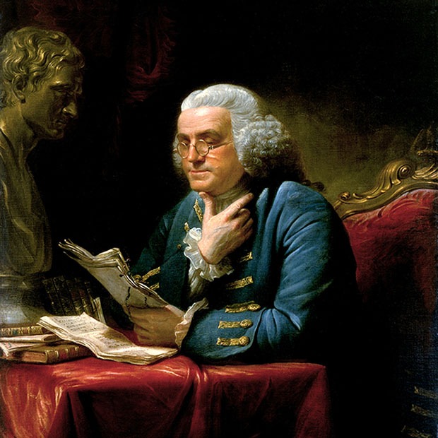 Painting of an older gentleman reading papers with glasses
