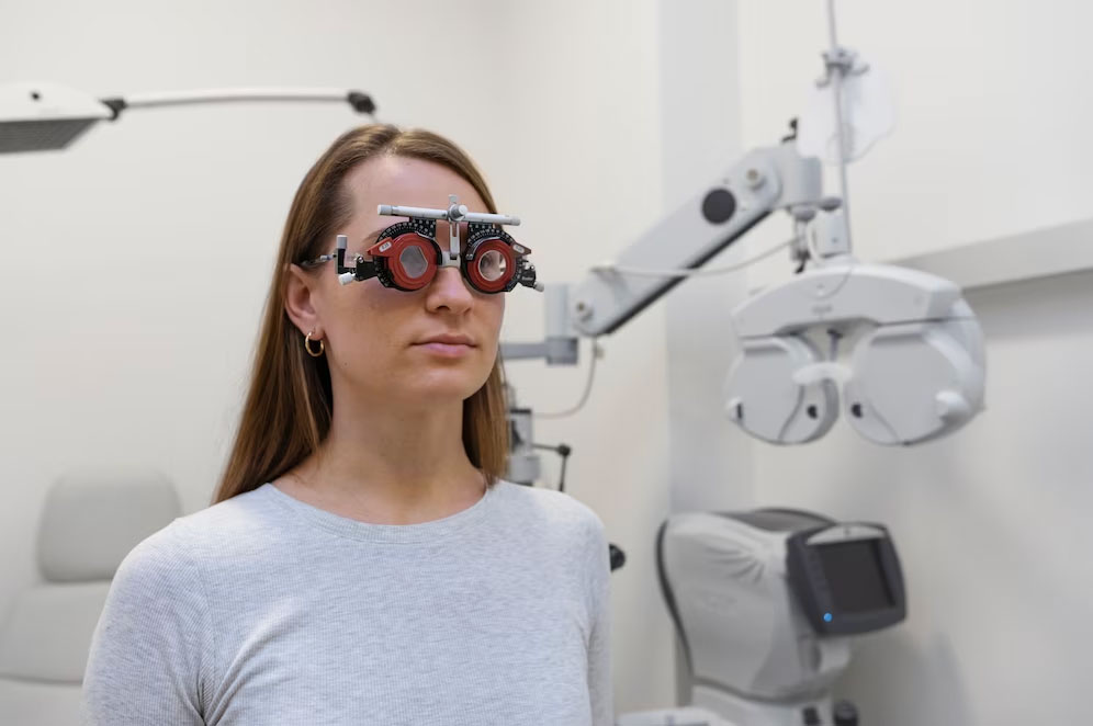 doctor testing patient eyesight lady