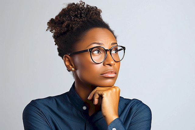 Portrait of a black female wearing glasses with thinking out loud expression against white background, AI generated, background image