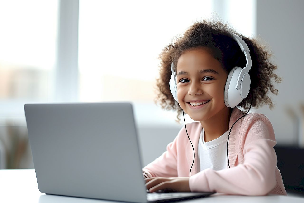 Smiling young girl wearing headphones with laptop during an online homeschooling lesson.