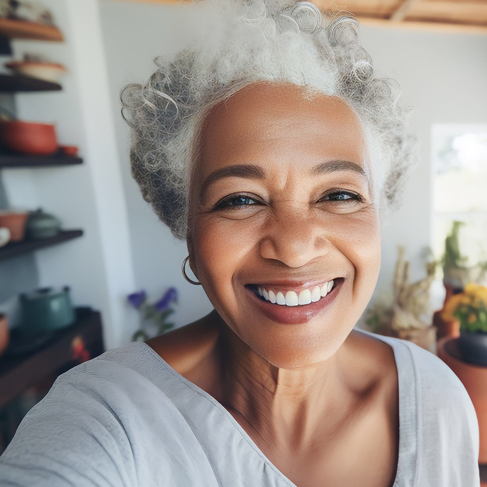 Senior african american woman home wearing contact lenses for age related far sightedness 