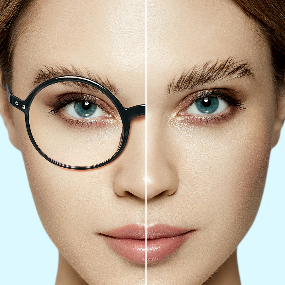 Young caucasian woman face before and after glasses on blue background showing vision correction concept