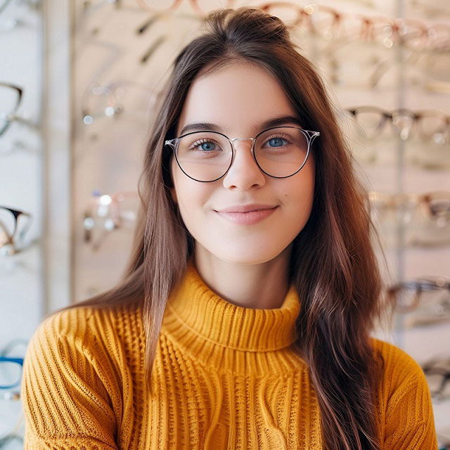 girl trying on new eyeglasses opt