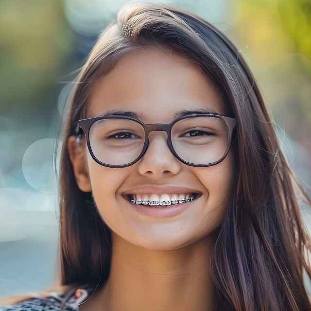 portrait of teenage girl with eyeglasses and braces