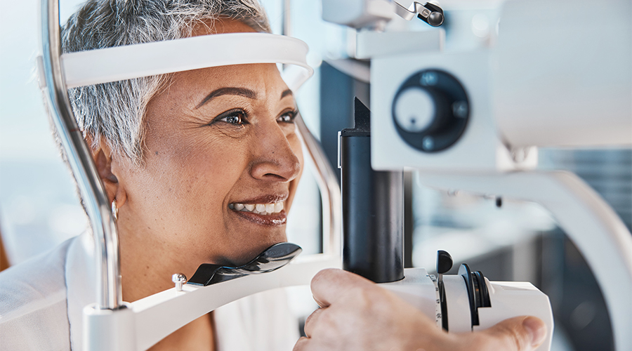 Face, eye exam or happy woman in test or consulting doctor for eyesight assessment at optometrist office.