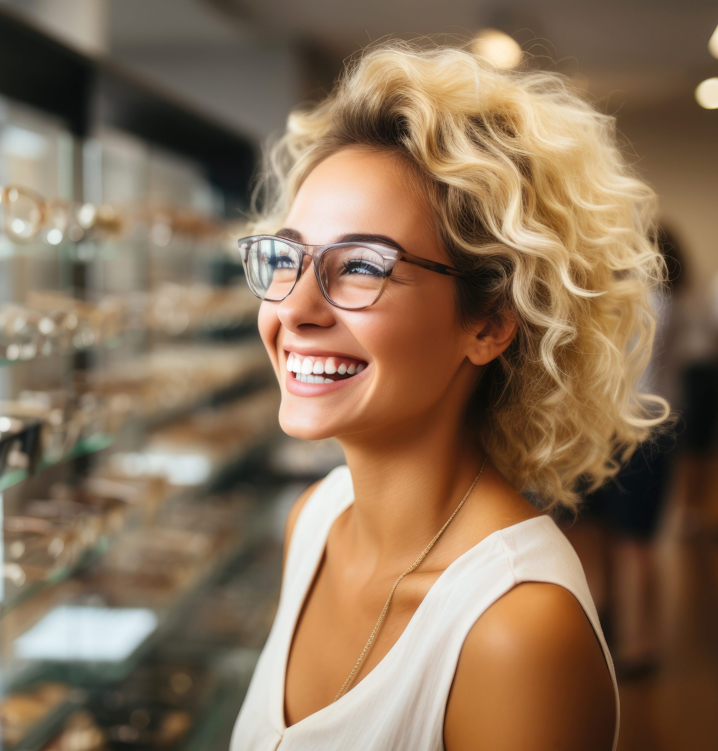 smiling woman choosing new glasses for vision