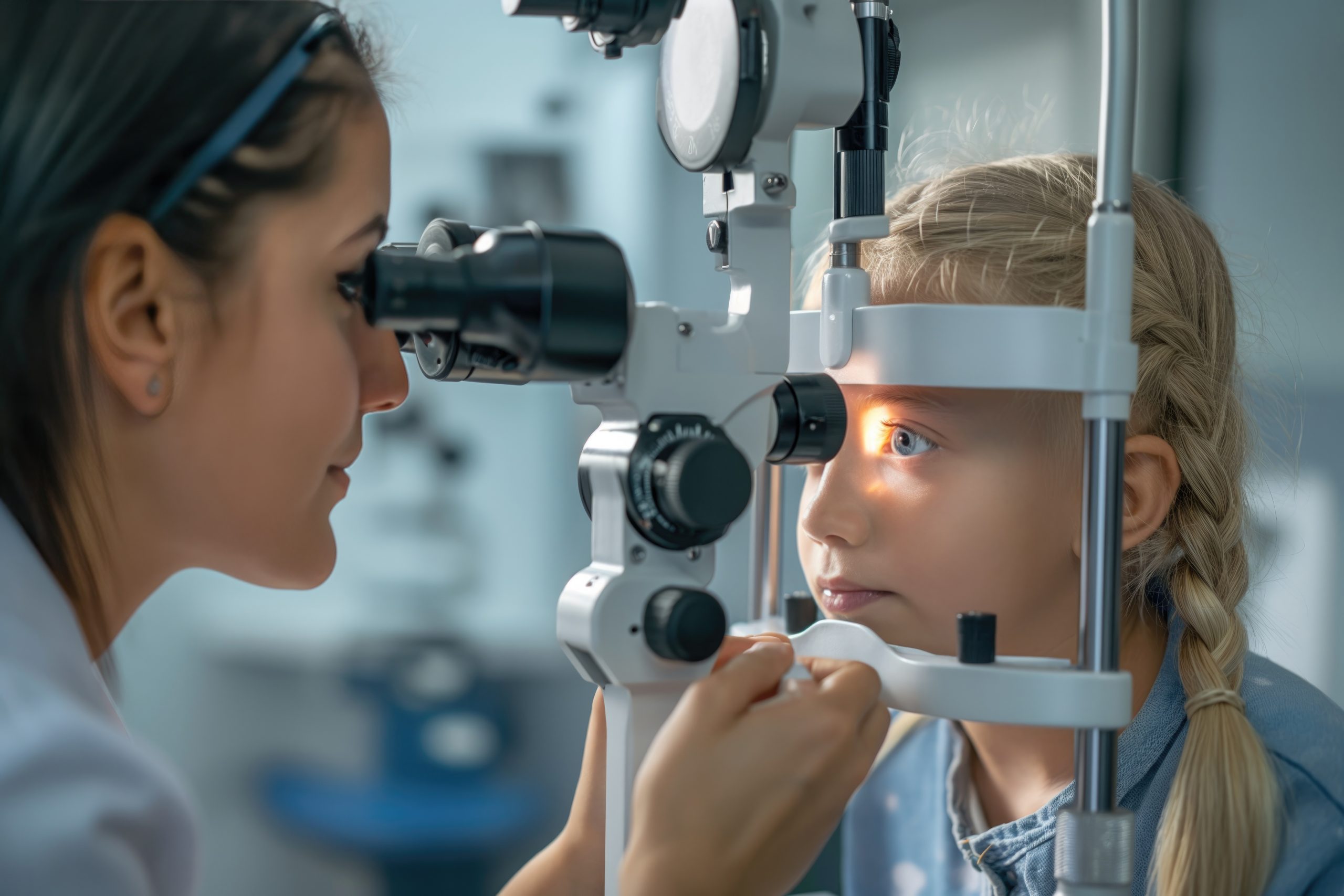Female ophthalmologist checks the eyesight of a preschooler girl for an annual examination