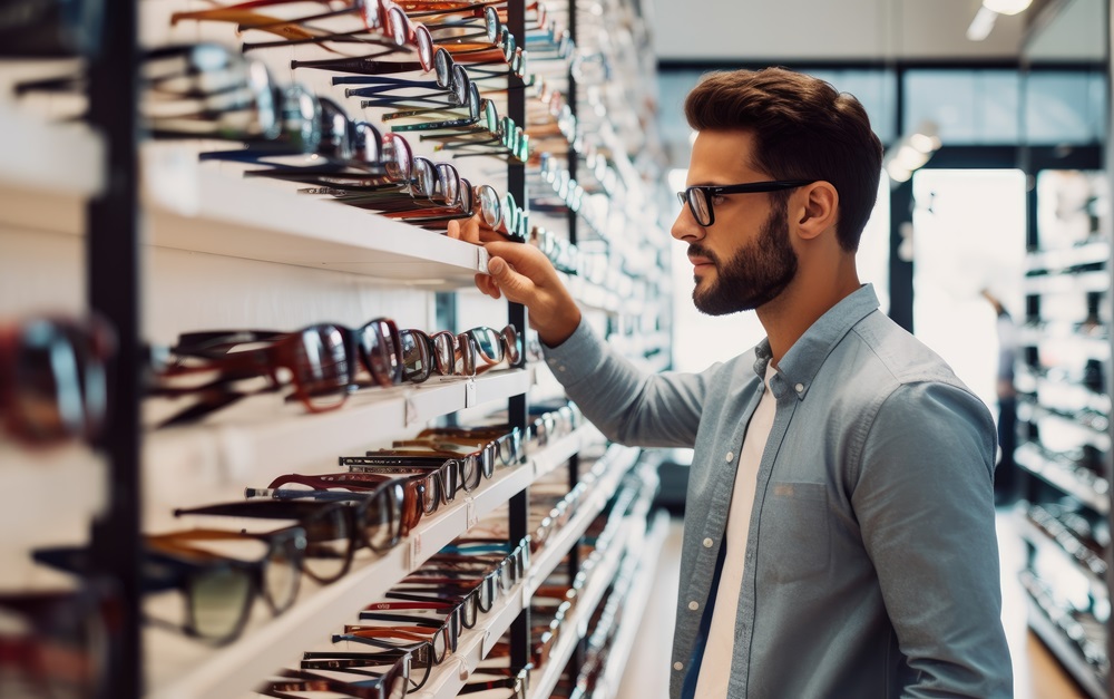 Male customer selecting optical eyewear while visiting shop