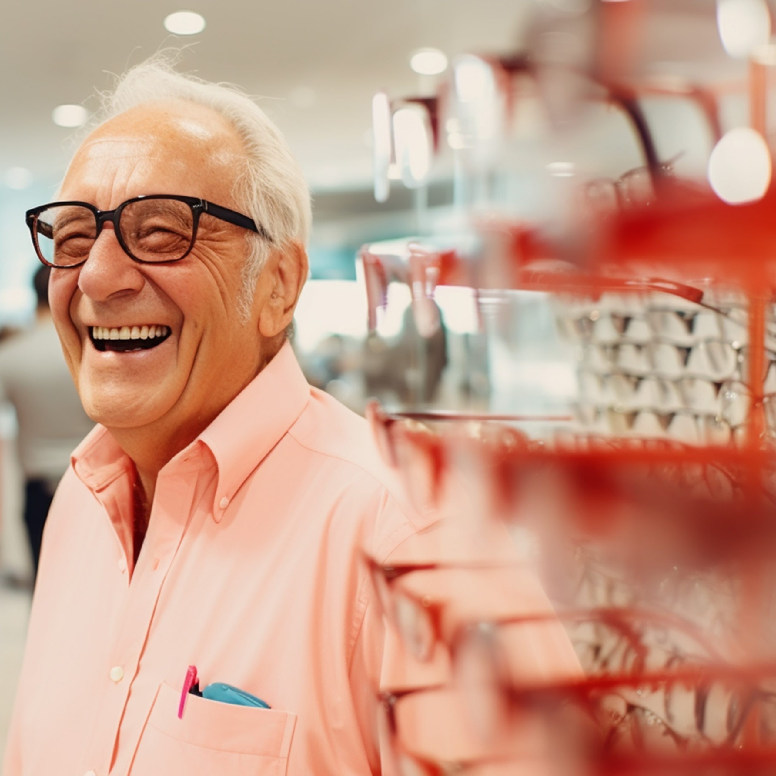 Man buying a new pair of glasses at an optometrist store.