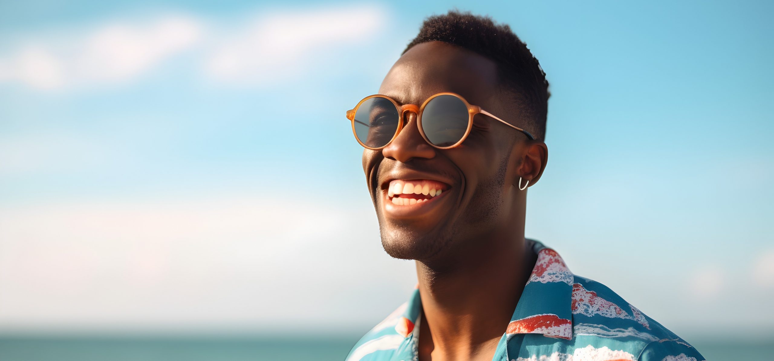 Man on beach with sunglasses laughing scaled