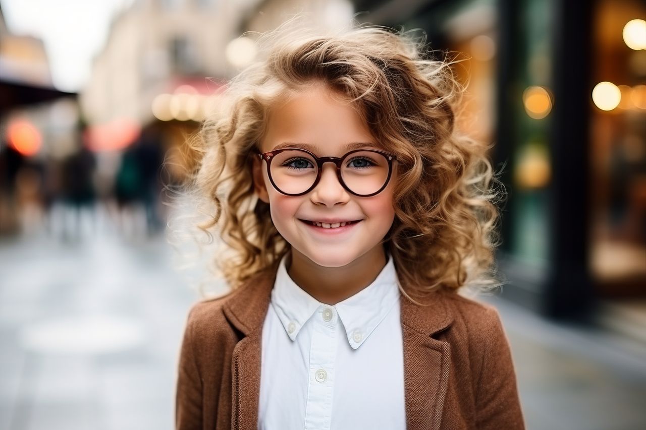 Portrait of cute little girl wearing eyeglasses on shopping street