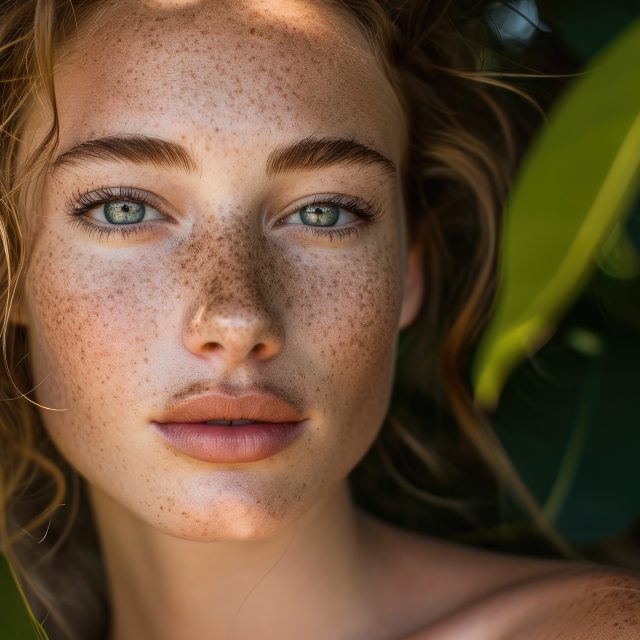 close up of young caucasian woman in nature with freckles and pale skin blue eyes in magazine editorial look with leafs herbal greenery looking at camera for natural beauty skincare spa commercial