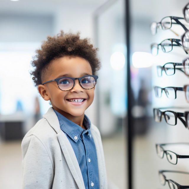 A young boy trying new glasses in an optician