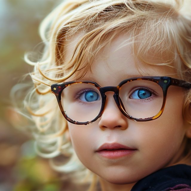 portrait of a curly haired baby wearing glasses