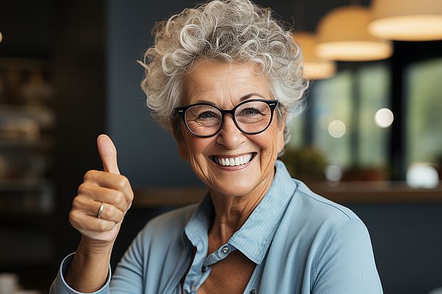 Cheerful woman with short gray hair smiling and wearing eyeglasses.