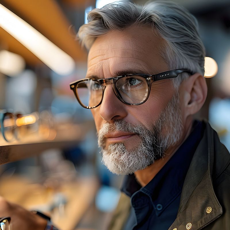 A middle aged man buying glasses for better vision in eyeglasses store.