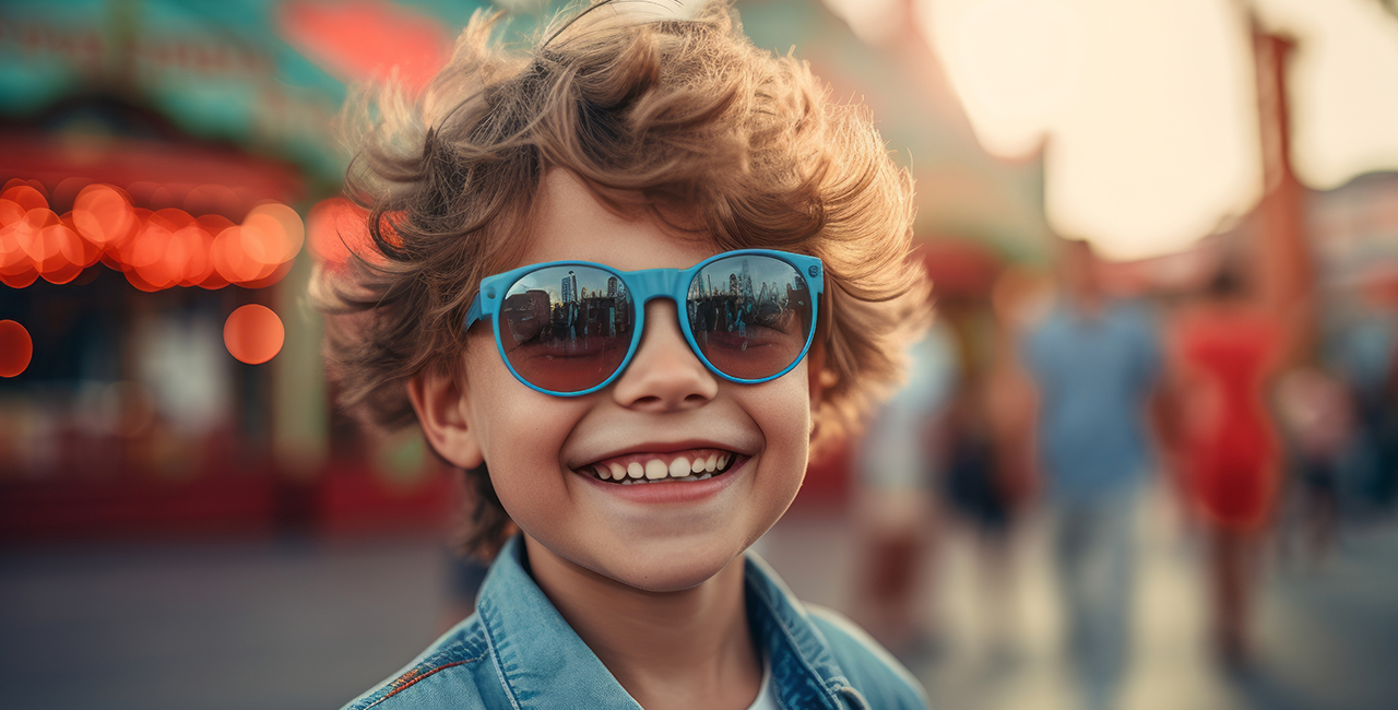 Close up portrait photography of a glad kid male wearing a trendy sunglasses against a crowded amusement park background.