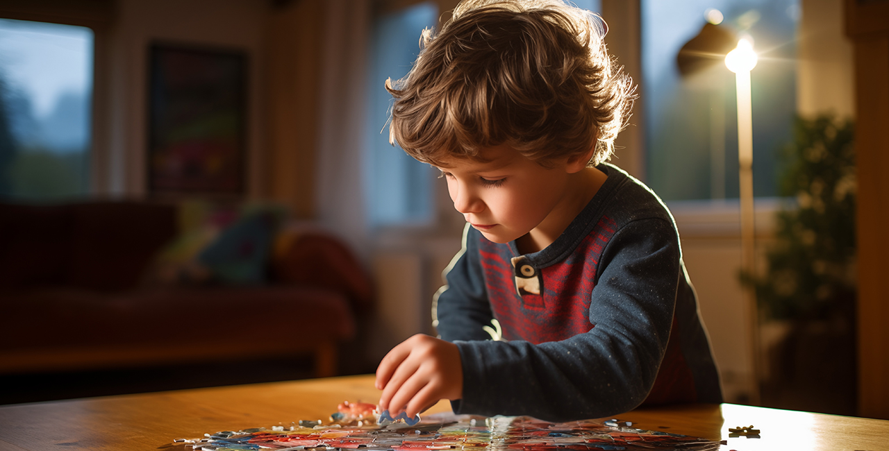 Little boy doing a jigsaw puzzle Develop problem solving intelligence