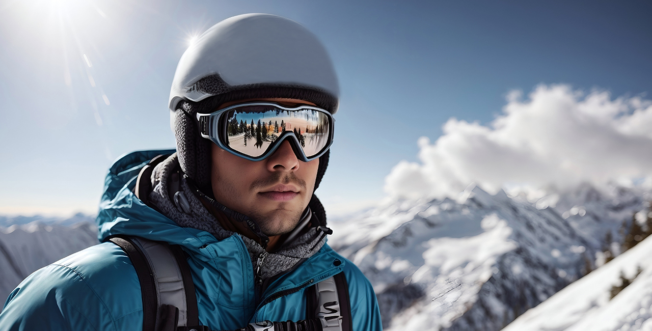 Skier, snowboarder portrait in high mountains in helmet and goggles, extreme sport on a sunny day