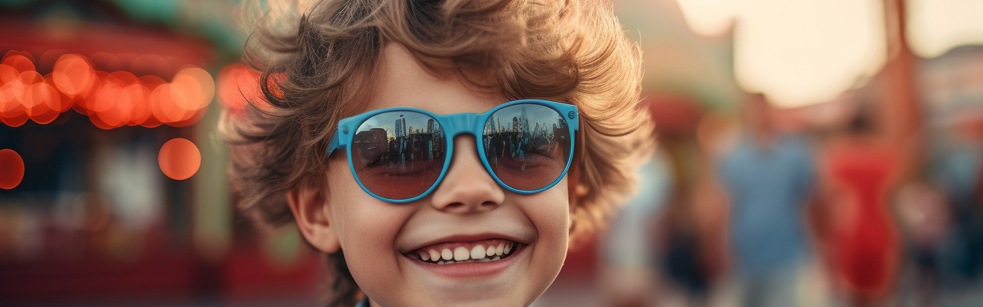 Close up portrait photography of a glad kid male wearing a trendy sunglasses against a crowded amusement park background