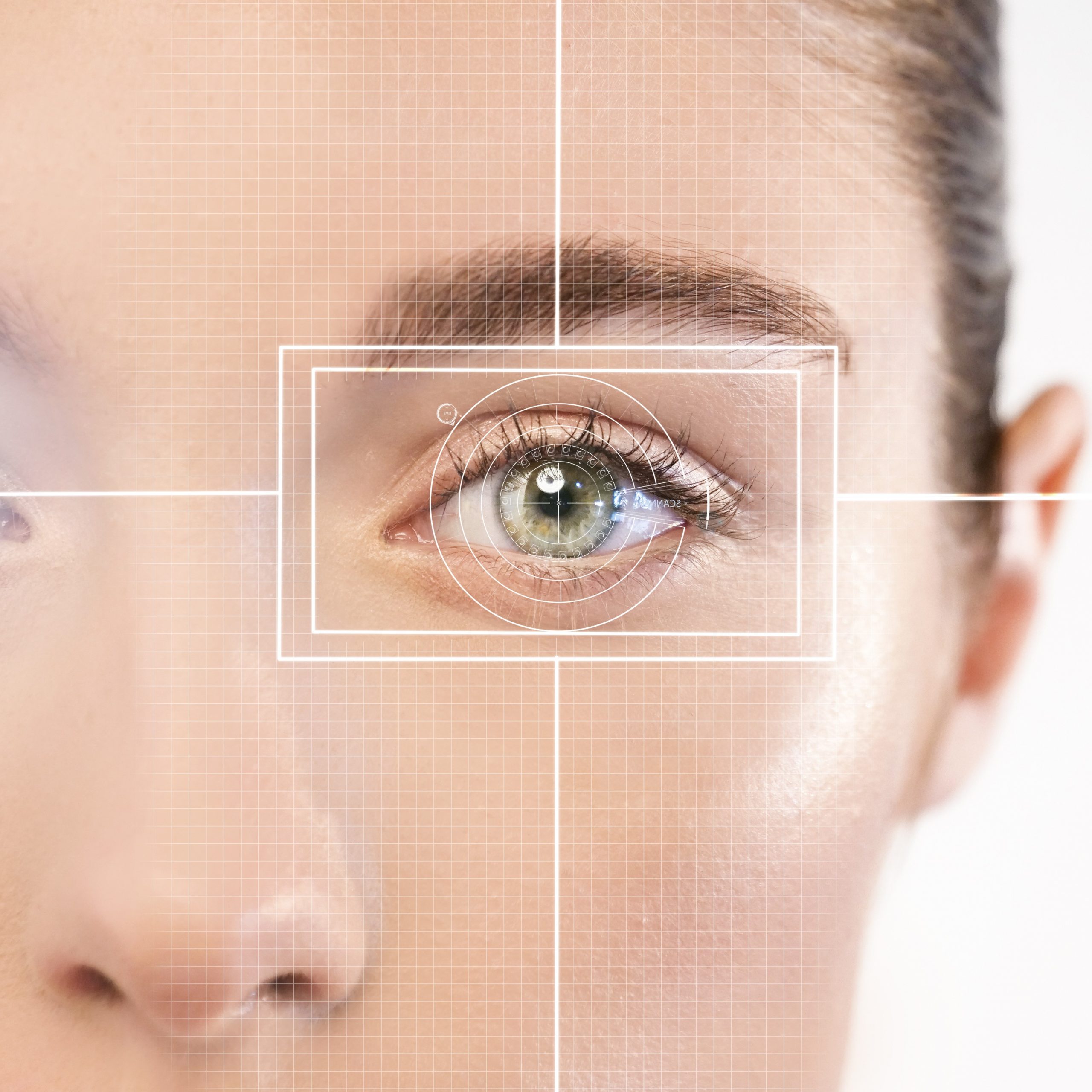 Futuristic and technological scanning of the eye of a beautiful woman for scanning person