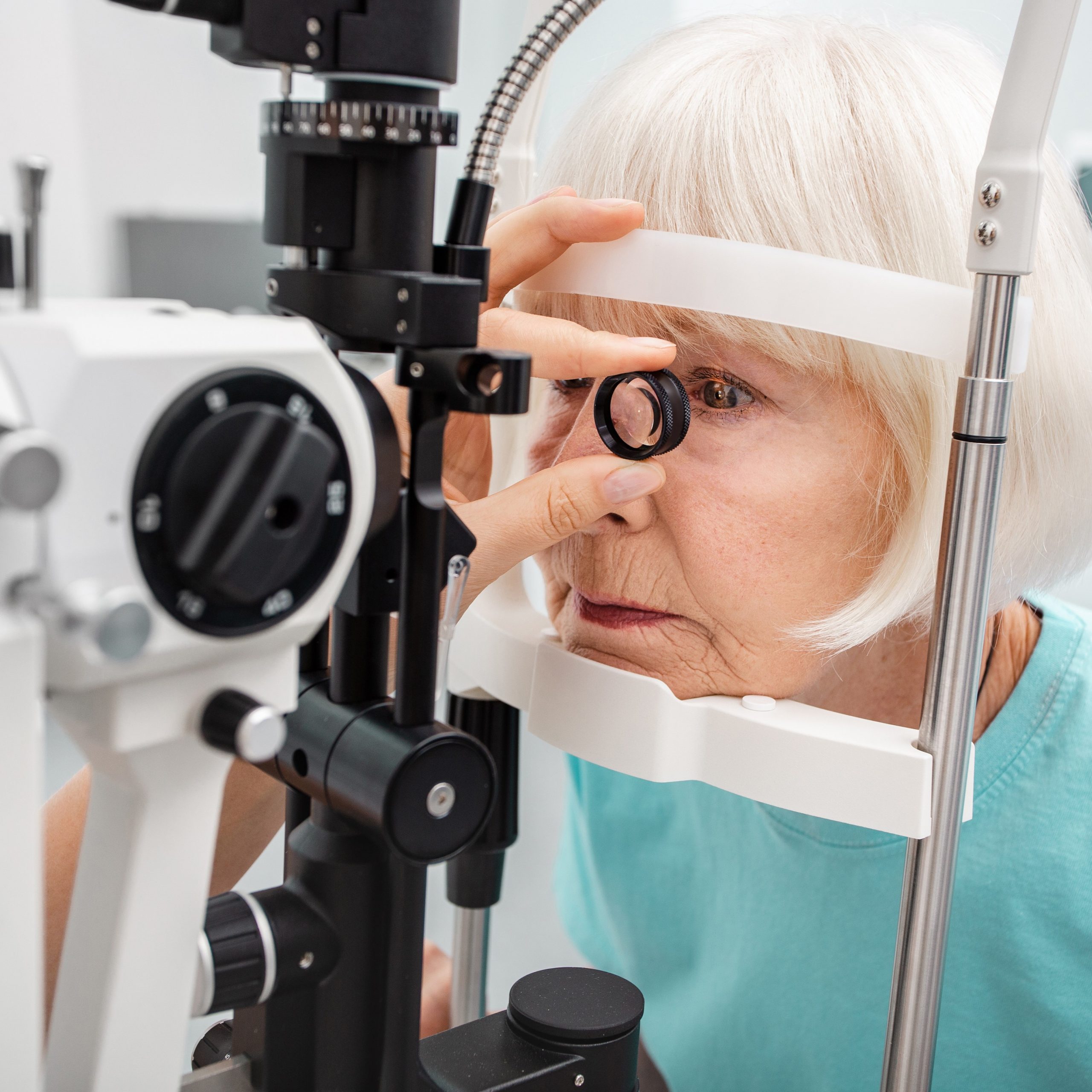 Checking retina of a female eye close-up