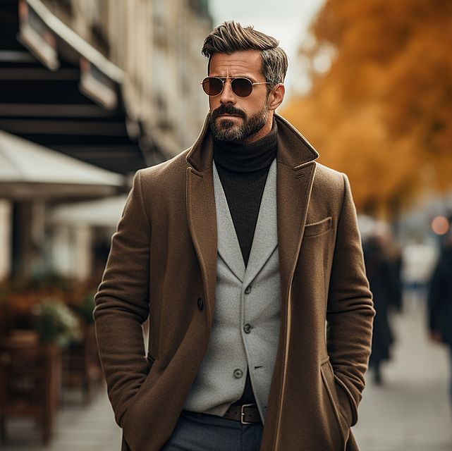 Brutal stylish adult caucasian male model wearing fashion glasses and brown coat walking on city street on autumn day, lifestyle