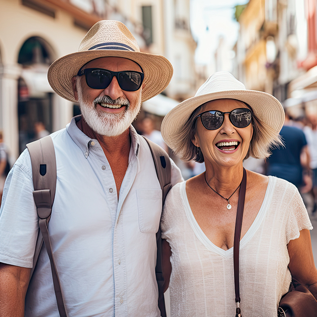 Mature Caucasian couple wearing sunglasses in busy street