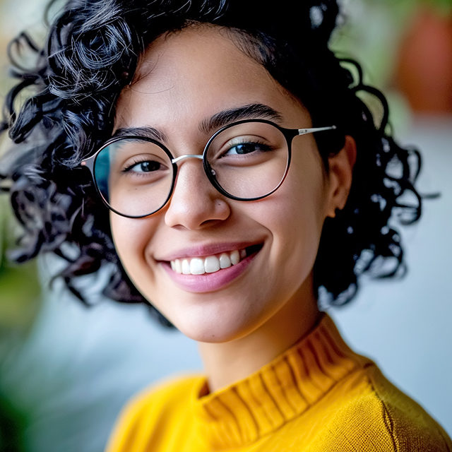 Portrait of a Young Latin American Woman with Glasses and Short Curly Hair in an Office. A Happy Smiling Young Woman