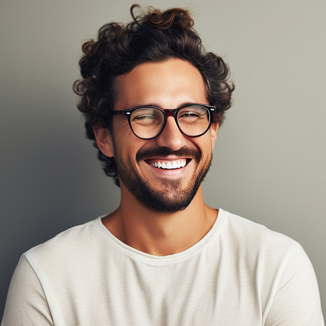 Young attractive caucasian man with a wonderful smile wearing fashionable spectacles against a neutral background