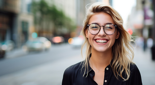 smiling young caucasian woman in eyeglasses over city street background