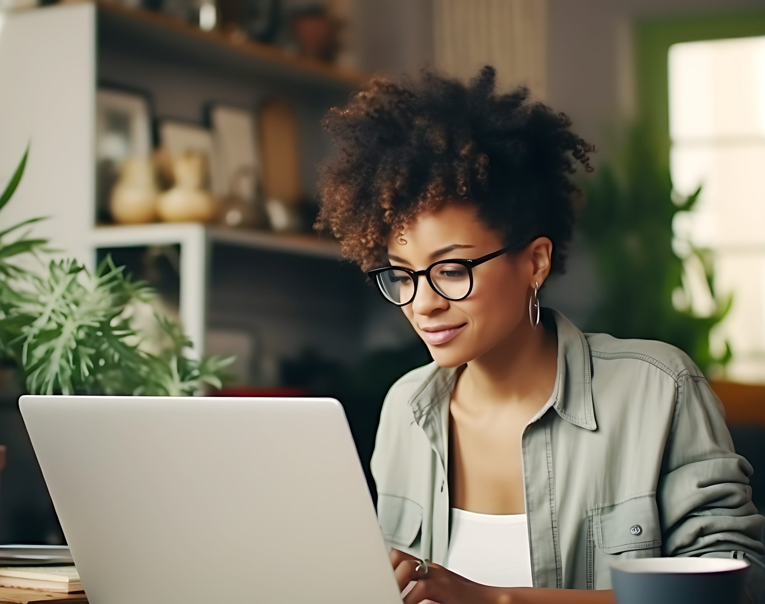 Beautiful African American woman in glasses studying or working at home using a laptop scaled